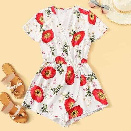 Womens Vacations White Short Sleeved Female Print Tracksuit Bodysuits Beach Rompers Summer Ladies Casual Loose Shorts Playsuits
