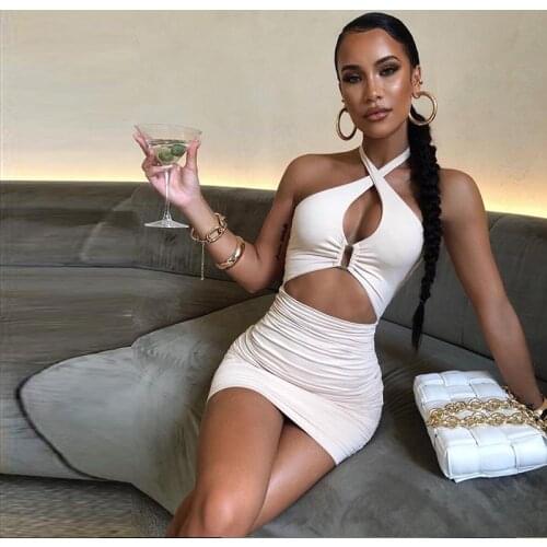 Summer WomenS Dress 2021 Halter Neck Ruched Bodycon Dress Women Hollow Out Backless Sexy Mini Night Dresses Club Party Vestidos