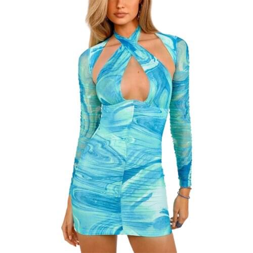 Women Sexy Short Dress Autumn Ripple Dresses Hollow-Out Halter-Neck Long Sleeves Backless Tight Mini Dress for Ladies Blue