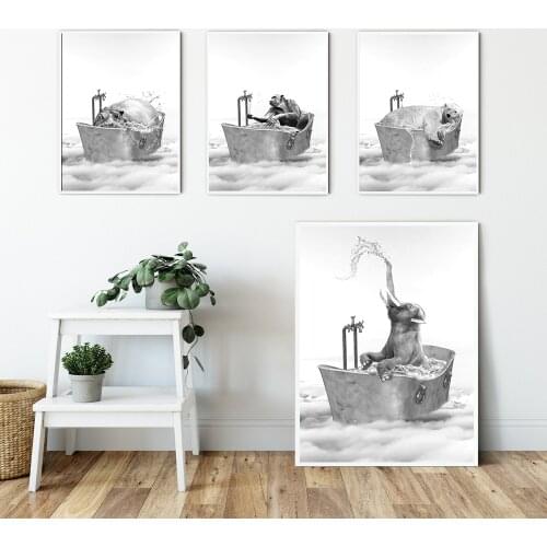 Animal in Bathtub Poster Print Hippo Elephant Polar Bear Chimpanzee Bath Canvas Painting Nursery Wall Pictures Kid Room Decor