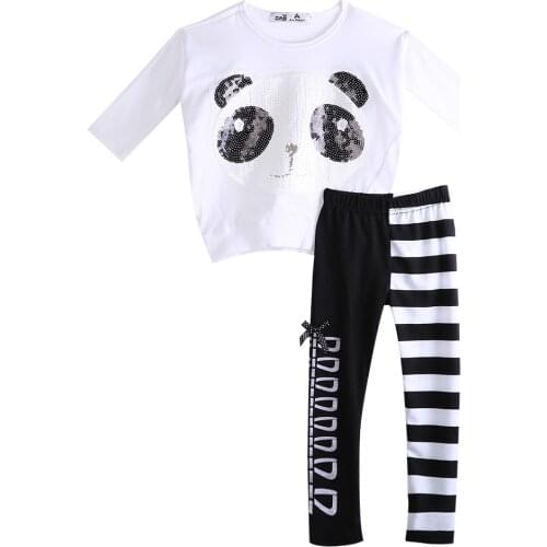 2017 Casual Cotton Toddler 2Pcs Set Panda Pullover Tops+Stripe Leggings Kids Girls Outfits Size 3-7T