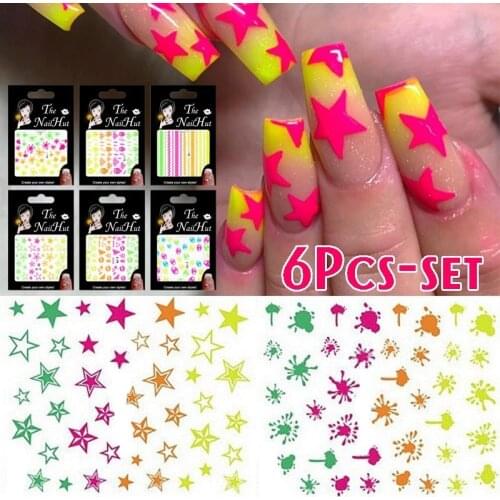6Pcs/set Nail Stickers 3D Nail Slider Stars Stickers Glitter Shiny Decoration Decal DIY Transfer Colorful Nail Art Tips Manicure