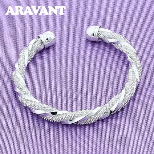 925 Jewelry Twisted Open Cuff Bangles For Women Fashion Silver Plated Jewelry