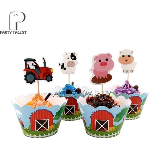 Cake Accessory 24pcs/Lot Farm Animals 12pcs Wrappers 12pcs Toppers For Children Kids Birthday Party Cupcake Decoration