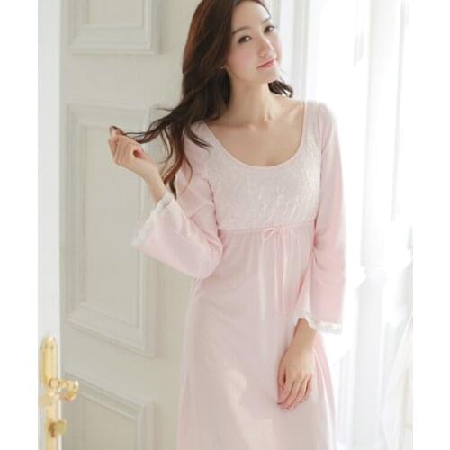 Free Shipping Knitted Cotton Princess Nightdress Pink Pijamas Womens Long Nightgown Lace Sleepwear pijama feminino