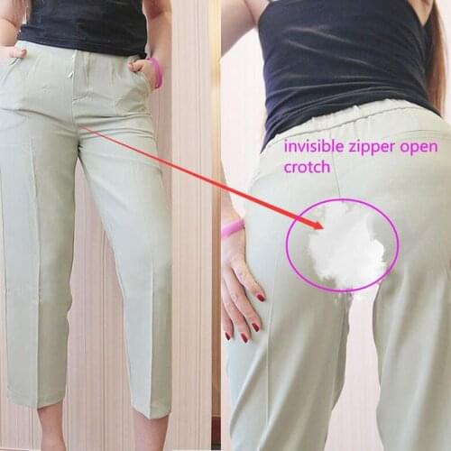 Spring Summer Women Outdoor Sex Pants Female Invisible Zipper Open Crotch Suit Trousers Chiffon Straight Casual Pants Couple