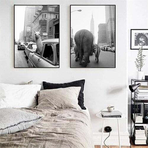 Black And White Car Alpaca Poster Street Zebra Elephant Wall Art Canvas Painting Animal Print Nordic Wall Pictures Home Decor