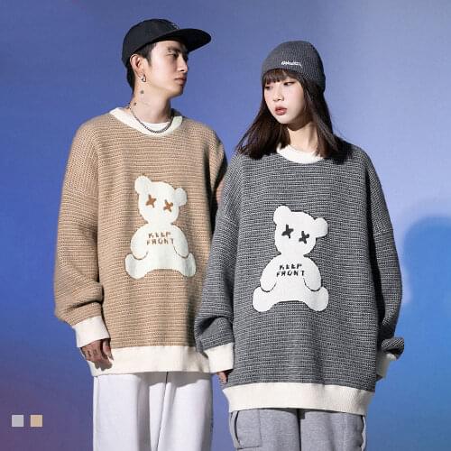 Cotton Bear Patchwork Striped Knitted Jumpers Sweaters Streetwear Hip Hop Harajuku Casual Pullover Knitwear Mens Fashion Tops