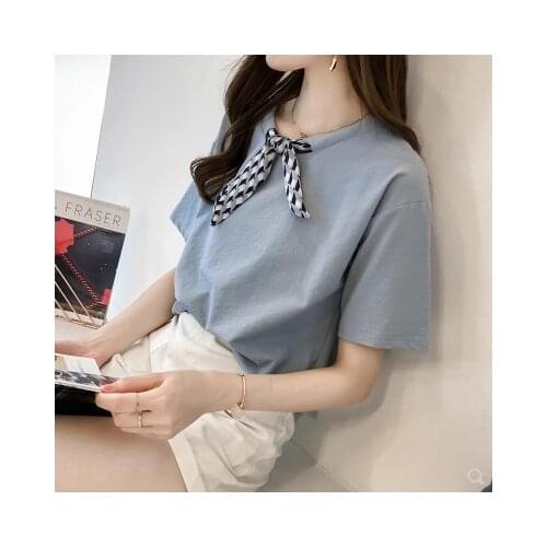 Export To France Cut Label Womens Tail Single Oxen Goods Tie Bow Round Collar T-shirt Short Sleeves T Shirt for Women