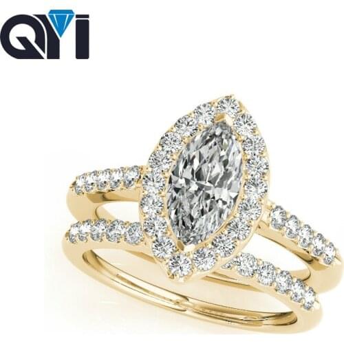 QYI Solid Yellow 14K Gold Halo Engagement Ring Sets Marquise Cut 1.2ct Sona Simulated Diamond Jewelry Wedding Ring For Women