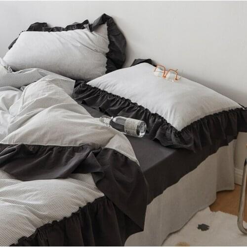 Stripe Pure Cotton Bedding Sets Washed Cotton Retro French Fold Lace Quilt Cover Nordic Sheet Pillowcase King Queen 4 PCS