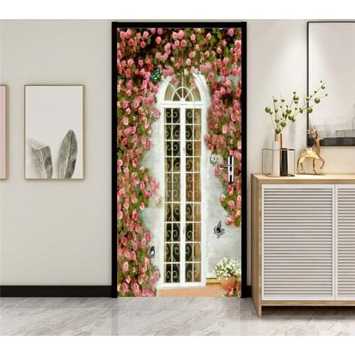 Creative Pink Rose Gate Door Stickers Removable PVC Self-adhesive Wallpaper Home Decor Vinyl Wall Murals Door Art Poster Murals