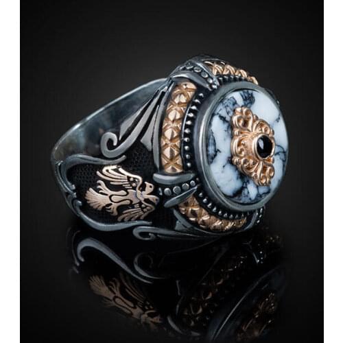Men Silver Ring With White Turquoise Stone And Animal Eagle Motif, Made In Turkey, Solid 925 Sterling Silver