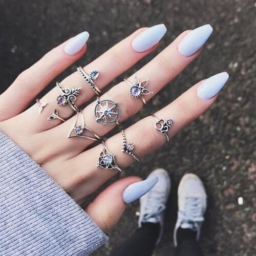 9pcs Vintage Women Rings Tribal Ethnic Hippie Crystal Joint Ring Set