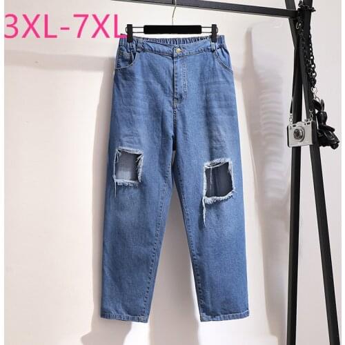 2021 spring autumn plus size jeans for women large loose casual elastic waist hole cotton long denim pants blue 4XL 5XL 6XL 7XL