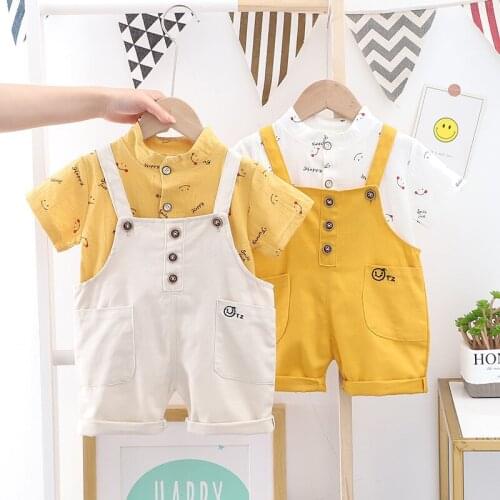 Summer New Baby Cartoon Smiley Face Jacket + Overalls Casual Suit 2-Piece Set Unisex Childrens Suit 1-3 Years Old