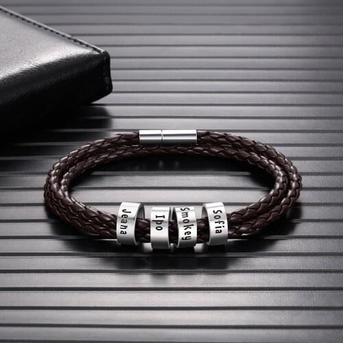 Personalized Three Layers Braid Rope Bracelet with Custom Name Beads Men Bracelets Jewelry Gifts For Father Huaband Boyfriend
