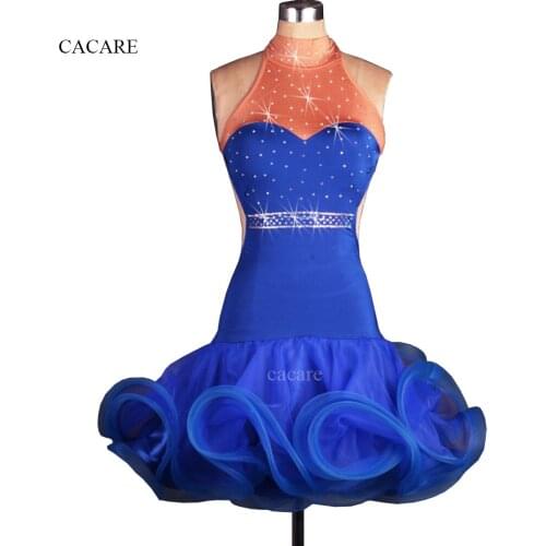 CACARE Latin Dance Dress Women Girls Latin Dance Competition Dresses Costume Latino Salsa D0137 Backless Rhinestones Fluffy Hem