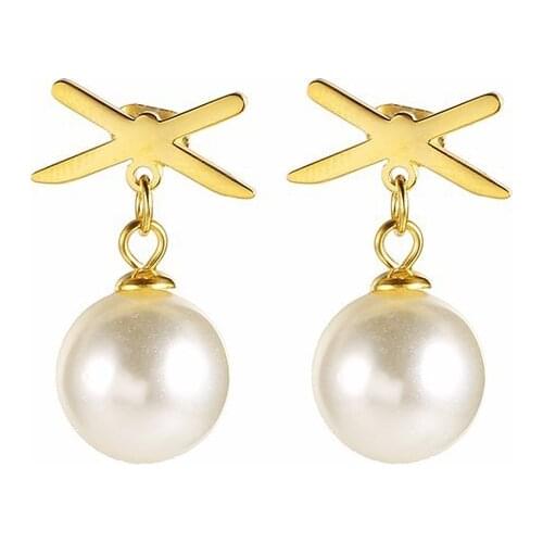 RIR Stainless Steel Gold Fork Shape Round Pearl Drop Earrings Minimalist Temperament Ladies Earrings Give Her Jewellery Gifts