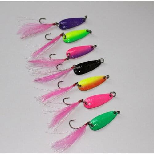 7 colors 14pcs/lot fishing spoon lure 2.8cm/2.5g feather single hook metal VIB bait artificial lure spoon swim bait trout lure