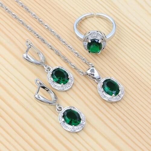 Silver 925 Earrings Ring Pendant Chain Green Stone Cubic Zirconia Jewelry Set Classic Oval Jewelry Party Accessories for Girls