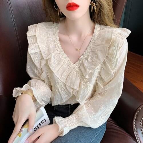 Chikichi Embroidered Ruffled Cross V-neck Chiffon Shirt Womens Autumn 2021 New Loose Fashion Long-sleeved Top