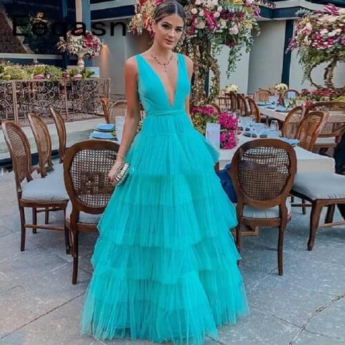 A-Line Prom Gown V-Neck Sexy Tiered Tulle Formal Party Dress Evening Dresses Long Vestido De Fiesta Gala Jurken Robe De Soiree