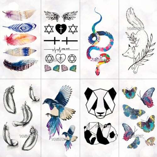 Watercolor feather Temporary Tattoo Sticker Women Geometric Panda pattern Body Art New Design Fake Men Tattoos