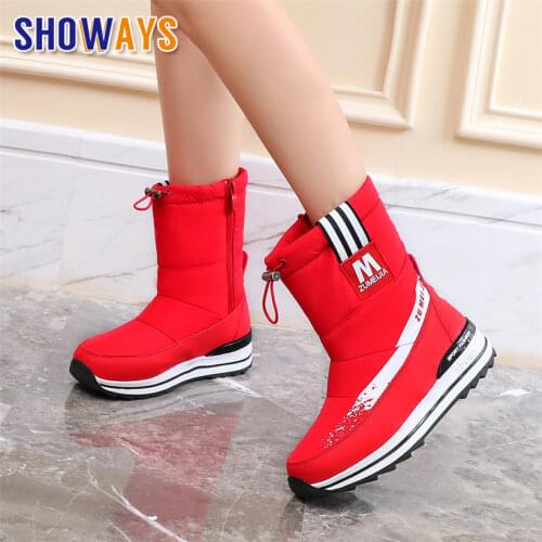 2020 Winter Women Snow Boots Red Black Waterproof Down Warm Plush Casual Travel Girls Round Toe Zipper Platform Flat Ankle Boots