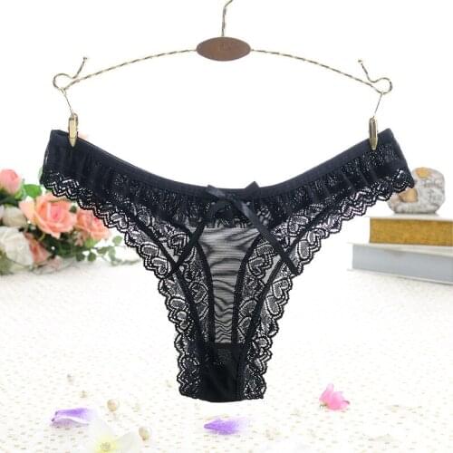 Sexy Lace Thong Low Waist Lace Transparent Panties Women Hollow out Breathable G String Briefs Bow Underwear Lingerie