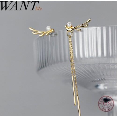 WANTME Creative Fashion Elk Antlers Pearl Tassel Stud Earrings for Women Real 925 Sterling Silver Asymmetric Jewelry Accessories