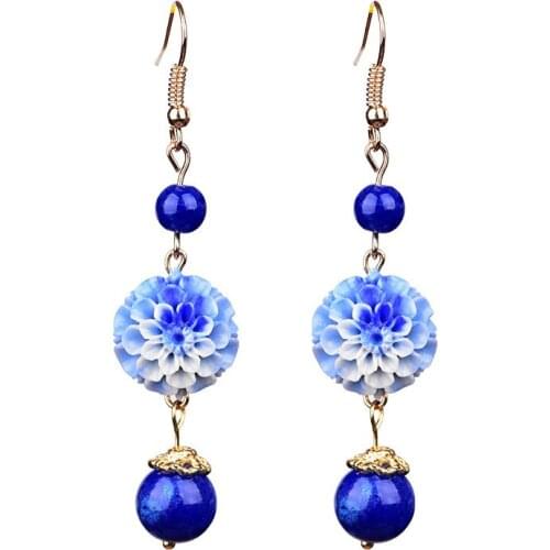 BOEYCJR Ethnic Blue Stone Flower Bead Drop Earrings Handmade Jewelry Alloy Leaf Hook Earrings Dangle Earrings for Women Gift