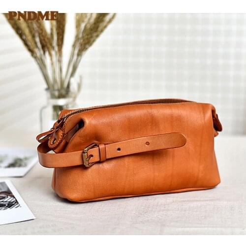 PNDME outdoor genuine leather womens clutch bag fashion vintage handbag natural soft cowhide travel makeup wash storage bag