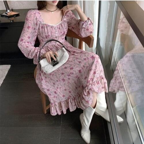 French Retro Autumn Square Collar Elegant Rose Bellflower Floral Maxi Dress Puff Sleeve Chiffon Ruffled Dress Vestido de mujer