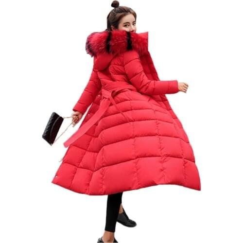 Winter Coat Women Red Plus Size Loose Long Down Cotton Jackets Korean Fashion Slim Thick Warmth Fur Hooded Parkas Feminina N86