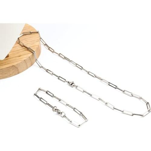 1 Set 4/6mm New 304 Stainless Steel Paperclip Chains Necklace Bracelets Set for Women Jewelry Silver Color Oval Link Cable Gifts