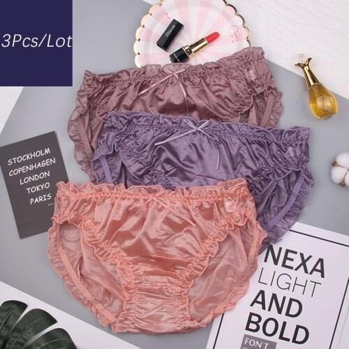 3Pcs/lot Womens Panties Mid Waist Ruffle Bow Milk Silk Sexy Briefs Underwear Elastic Silky Comfortable Solid Women Lingerie