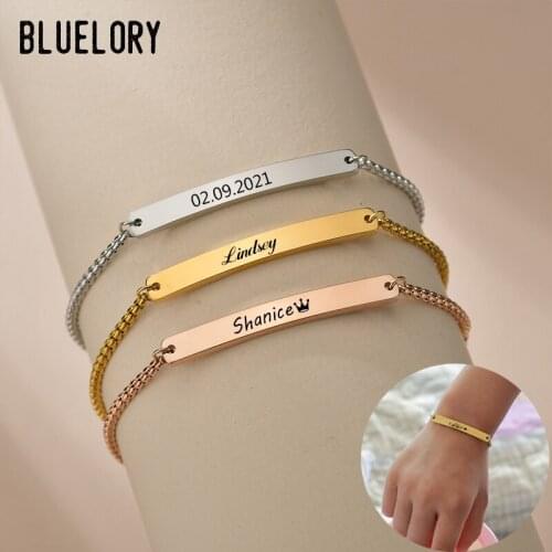 Bluelory Personalized Child Name Bracelet Stainless Steel Engraved Names Date For Kids Girl Boy Custom Jewelry Birthday Gift