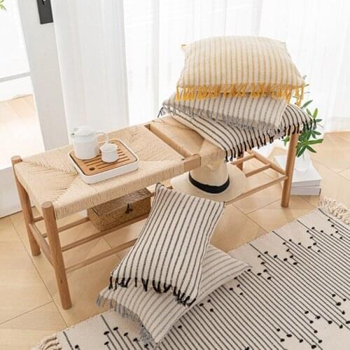 Nordic Bohemian Lumbar Throw Pillow Case Striped Woven Crochet Knitted Fringe Tassels Farmhouse Decorative Cushion Cover