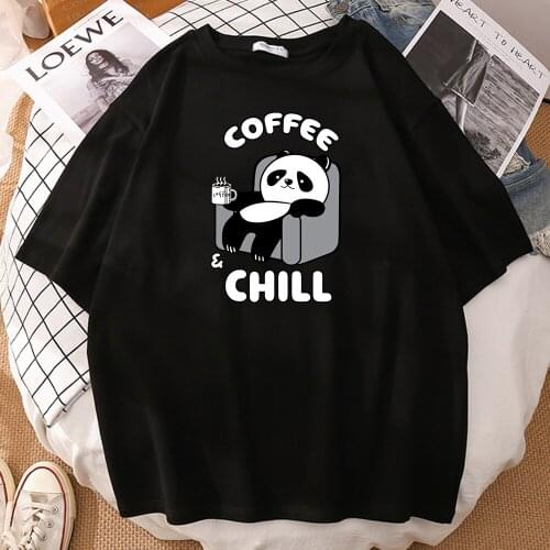 Tee Shirt Kawaii Panda Drinking Coffee Funny Animal Logo Mens T-shirt Oversized Casual Male Tee Street Fashion Punk Man Tshirts