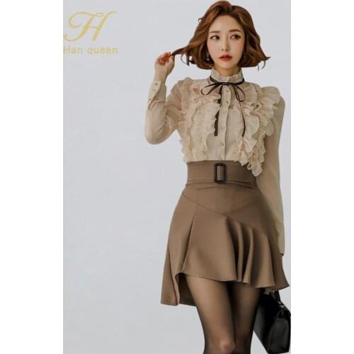 H Han Queen New Spring Women Sexy OL Work Wear 2 Pieces Set Ruffles Lace-up Blouses Crop Top & Ruffles Skirt Korean Casual Sets