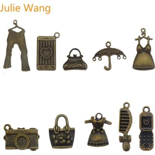 Julie Wang 10PCS Mixed Clothes Handbag Phone Charms Bronze Alloy Daily Necessities Necklace Bracelet Jewelry Making Accessory