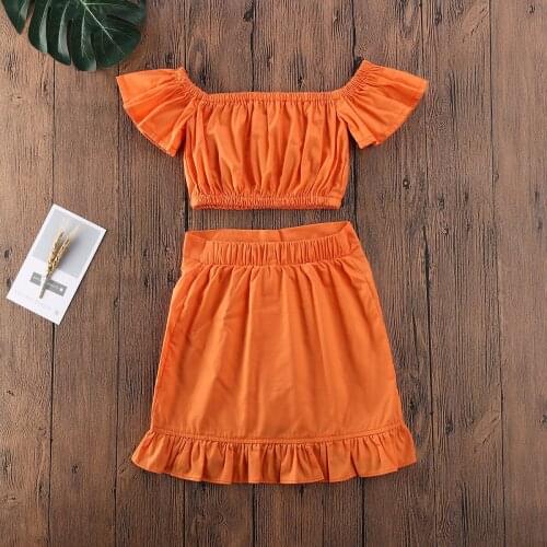 2pcs Toddler Kids Baby Girls Clothes Sets Orange Off Shoulder Tops Ruffle A-Line Skirt Outfit Kids Summer Fashion Clothing