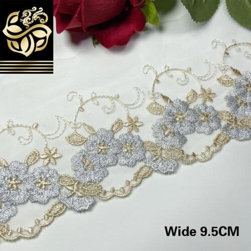 9.5CM Wide Tulle Lace Applique Embroidered Flowers Lace Trim Ribbon Toy Dolls Clothing Women Dubai Dress Sewing Accessories
