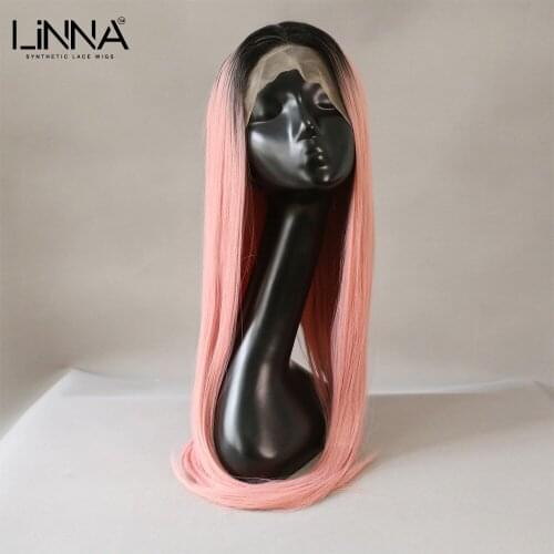 LINNA Long Straight Synthetic Lace Front Wig Pink Blonde 26 Inch High Temperature Fiber Wig For Women Cosplay Straight Wigs