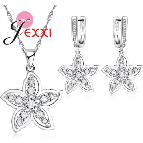 Fashion Flower Design 925 Sterling Silver Necklace Earrings Set Paved White Austrian Crystal Wedding Jewelry Set For Women