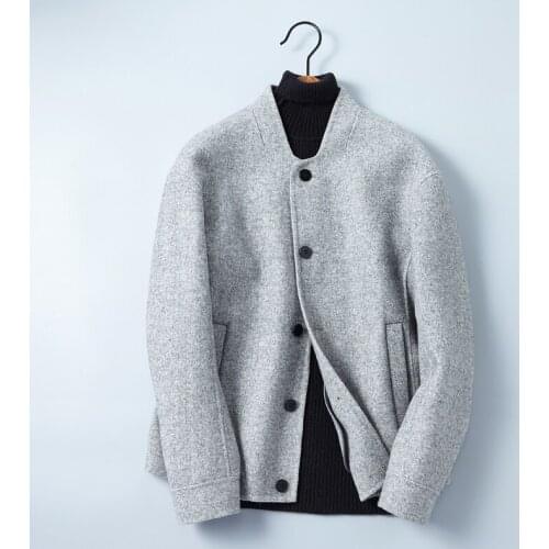 Casual Fashion Designer Men 80% Wool Double-sided Woolen Material Mens Baseball Jacket Solid Outerwear Gray Coat 1703