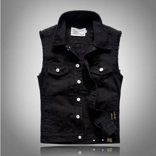 2019 Men Denim Vest Hole Sleeveless Jean JacPersonality Slim Wave Mens Cowboy Horse Clip Cowboy Vest Black Print Cowboy Vest