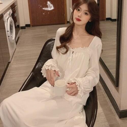 2021 New Court Style Long Sleeve Lace Lovely Princess Nightdress Womens Loose and Comfortable Solid Square Collar Home Dress