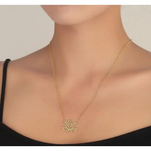 Origami Stainless Steel Blooming Lotus Necklaces Cutout Flower Pendant Elegant Yoga Muslim Jewelry Gift